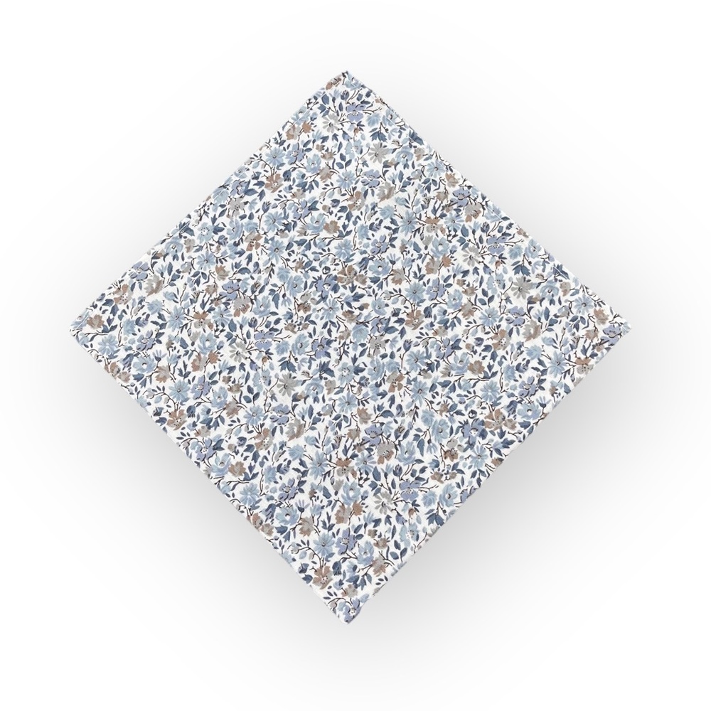 White w/ Dusty Blue Floral Pocket Square